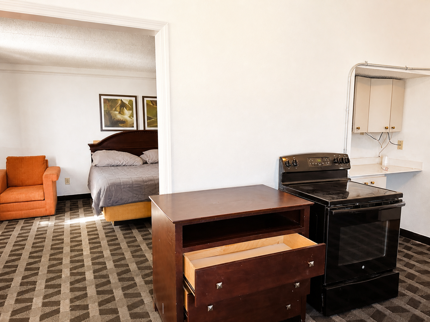 Montgomery suite kitchen with bedroom beyond