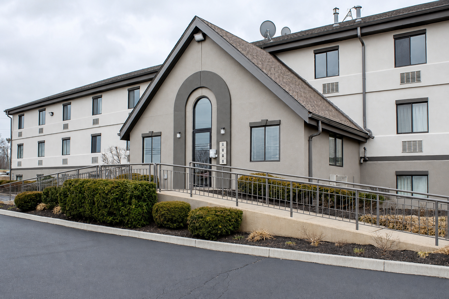 Accessible front entrance ramp at Studio Lodge Cincinnati Springdale